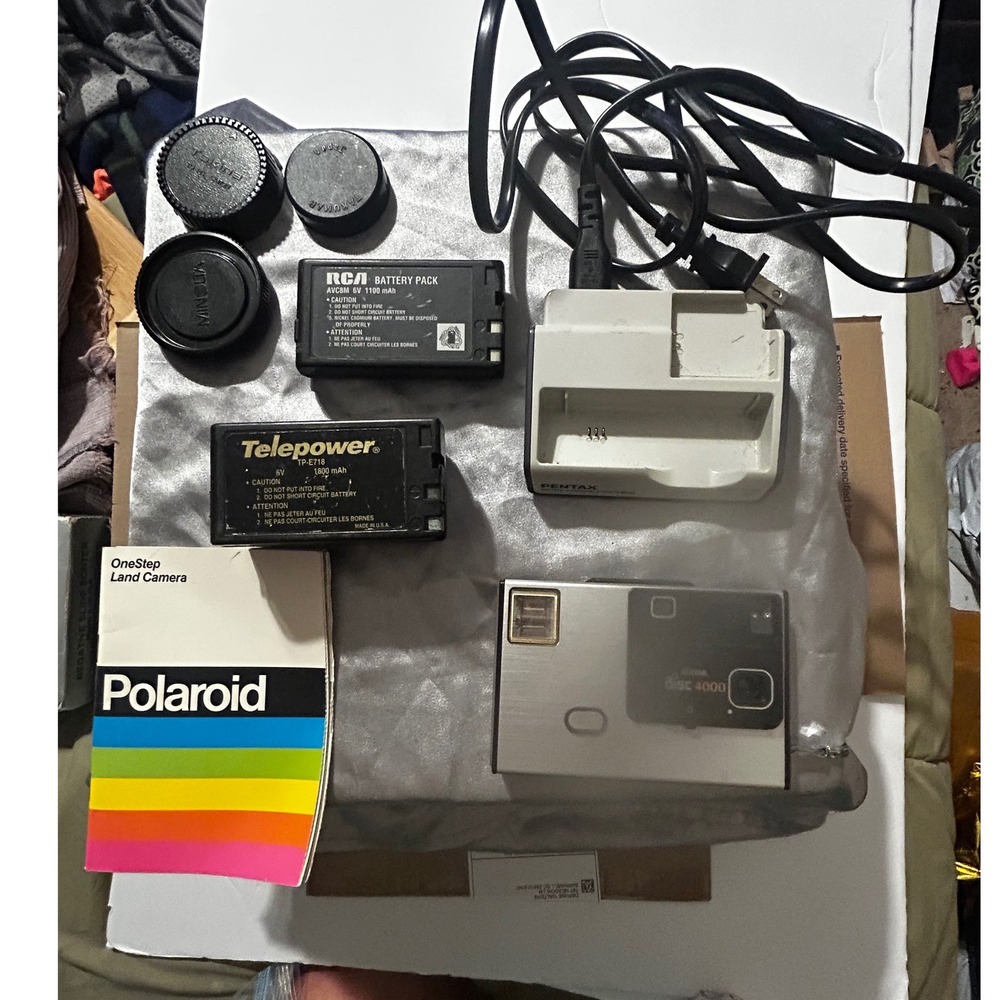 Vintage Kodak Disc 4000 Camera Pentax Charger Polaroid Manual Lens Cap Bundle